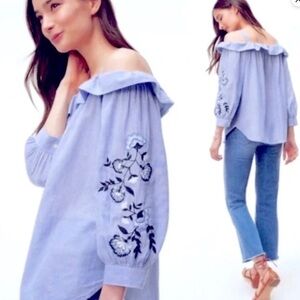 Loft petites blue striped off the shoulder top embroidered blouse Small SP boho